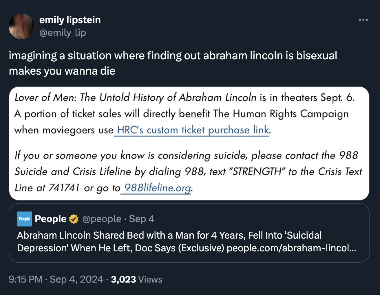 screenshot - emily lipstein imagining a situation where finding out abraham lincoln is bisexual makes you wanna die Lover of Men The Untold History of Abraham Lincoln is in theaters Sept. 6. A portion of ticket sales will directly benefit The Human Rights